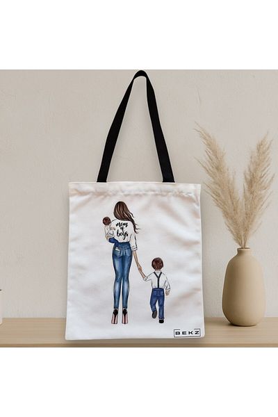 BEKZ Sacosa Textila Cu Fermoar, Geanta Tote, Model Mom Of Boys, 38x34.5 Cm, Alba, ®