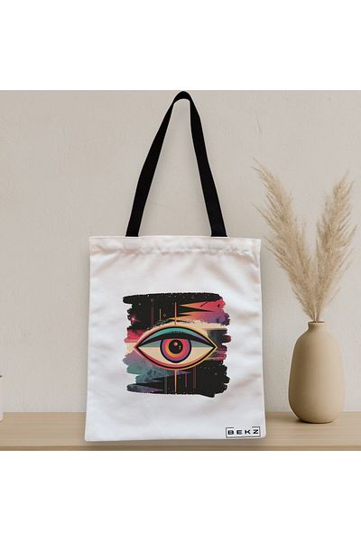 BEKZ Sacosa Textila Cu Fermoar, Geanta Tote, Model Celestial Eye 8, 38x34.5 Cm, Alba, ®