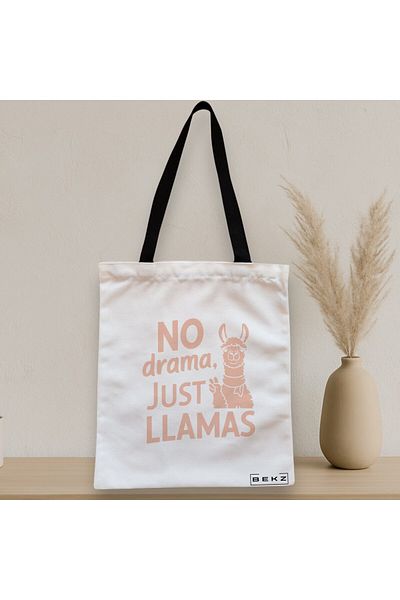 BEKZ Sacosa Textila Cu Fermoar, Geanta Tote, Model No Drama, Just Llamas, 38x34.5 Cm, Alba, ®
