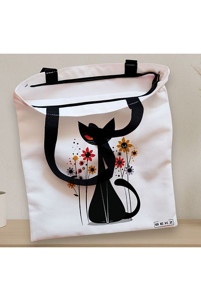 BEKZ Textile Bag With Zipper, Tote Bag, Cat And Flowers Model 7, 38 X 34.5 Cm, ​​White, ®