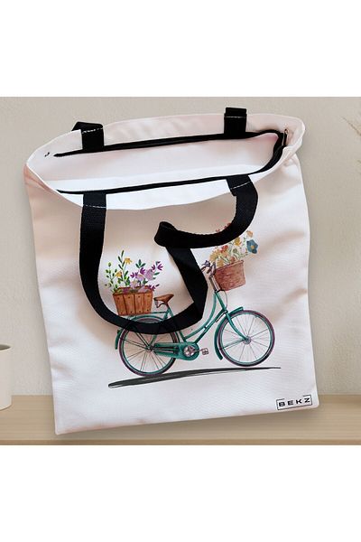 BEKZ Textile Bag With Zipper, Tote Bag, Artistic Bicycle Pattern, 38x34.5 Cm, ​​White, ®