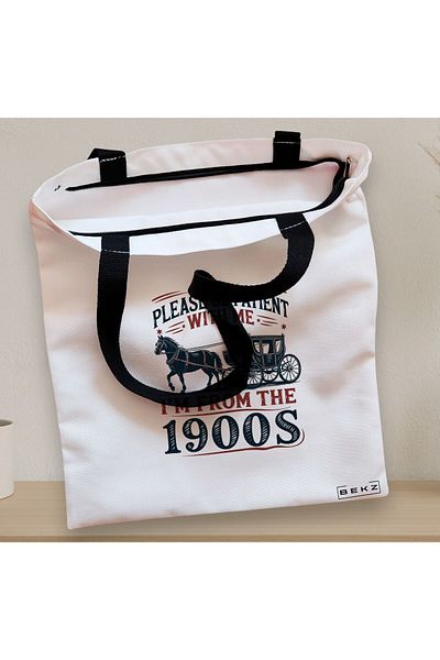 BEKZ Textile Bag With Zipper, Tote Bag, Please Be Patient With Me 90s Model 38 X 34.5 Cm, ​​White, ®