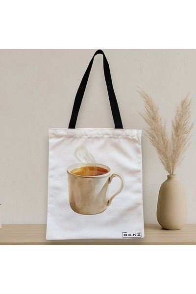 BEKZ Sacosa Textila Cu Fermoar, Geanta Tote, Model Hot Coffee 38 X 34.5 Cm, Alb, ®