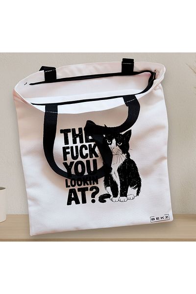 BEKZ Textile Bag With Zipper, Tote Bag, Model What Are You Looking At?, 38x34.5 Cm, ​​White, ®