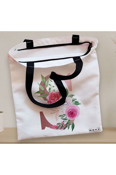 BEKZ Sacosa Textila Cu Fermoar, Geanta Tote, Cu Litera S Rose Gold Si Trandafiri, 38x34.5 Cm, Alba, ®