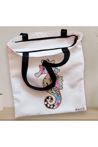 BEKZ Sacosa Textila Cu Fermoar, Geanta Tote, Model Floral Seahorse, 38 X 34.5 Cm, Alb, ®