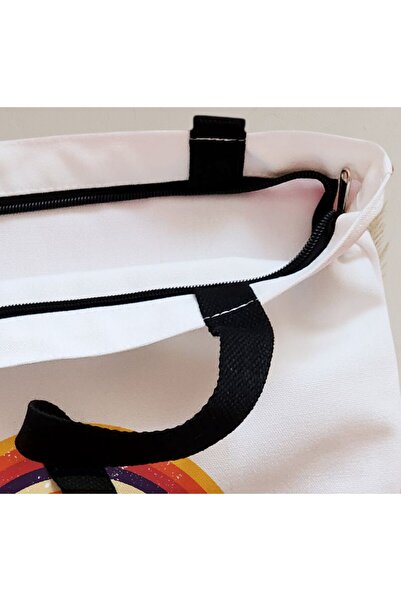 BEKZ Sacosa Textila Cu Fermoar, Geanta Tote, Model Retro Concentric Circles, 38x34.5 Cm, Alba, ®