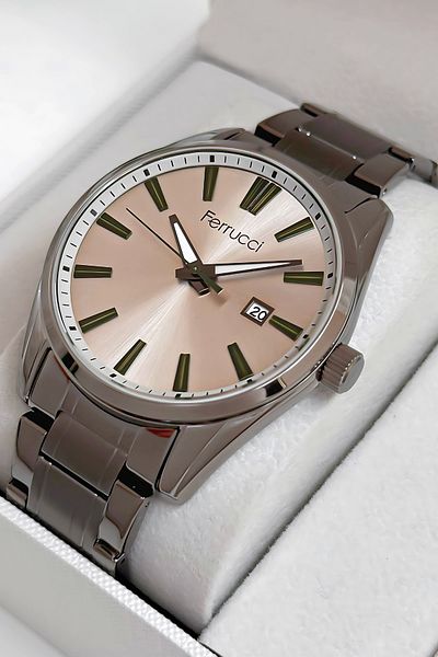 Ferrucci Men's Wristwatch with Calendar Steel Cord 3 Atm Water Resistant Bracelet Smoked with Gift Sdfer029