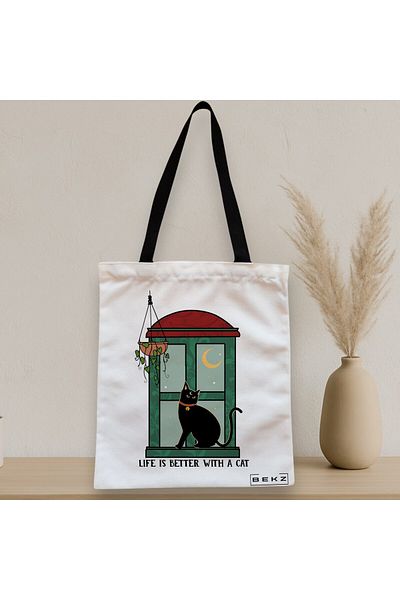 BEKZ Textile Bag With Zipper, Tote Bag, Life Is Better With A Cat Model, 38 X 34.5 Cm, ​​White, ®
