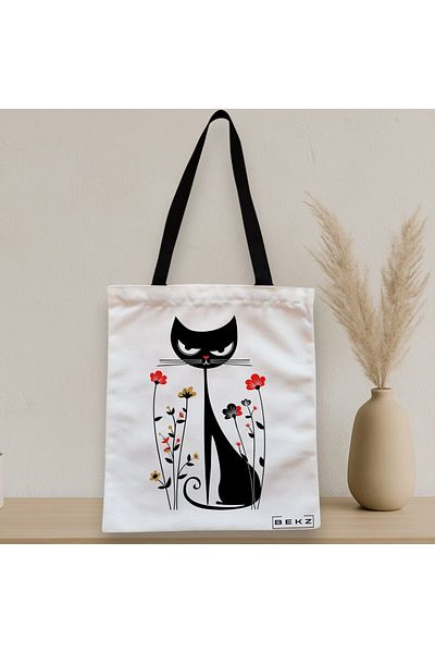 BEKZ Sacosa Textila Cu Fermoar, Geanta Tote, Model Cat And Flowers 2, 38 X 34.5 Cm, Alb, ®