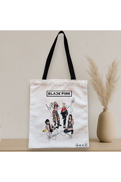 BEKZ Sacosa Textila Cu Fermoar, Geanta Tote, Model Blackpink 6 Cu Semnaturii, 38x34.5 Cm, Alba, ®