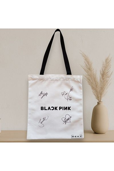 BEKZ Textile Bag With Zipper, Tote Bag, Blackpink 8 Model With Signatures, 38x34.5 Cm, ​​White, ®