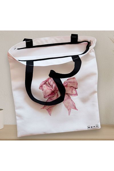 BEKZ Sacosa Textila Cu Fermoar, Geanta Tote, Model Pink Bow 38 X 34.5 Cm, Alb, ®