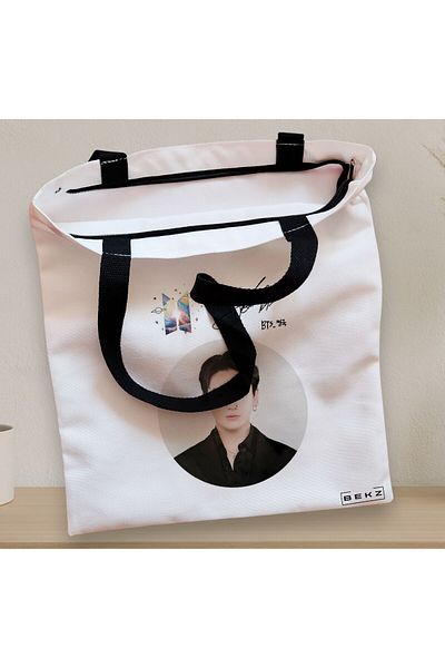 BEKZ Sacosa Textila Cu Fermoar, Geanta Tote, Model Bts Jungkook, 38x34.5 Cm, Alba, ®