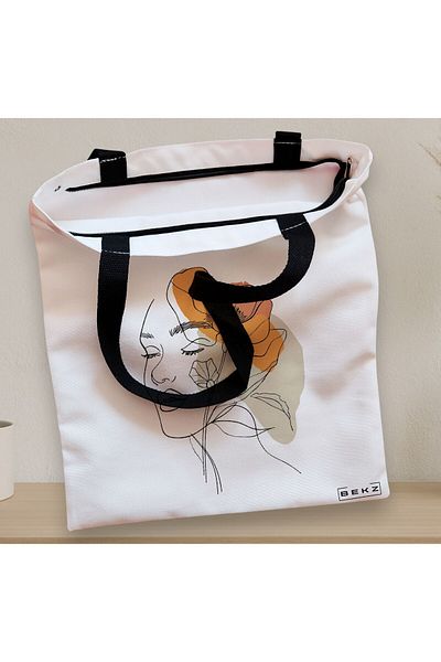 BEKZ Sacosa Textila Cu Fermoar, Geanta Tote, Flower Lady 12, 38x34.5 Cm, Alba, ®