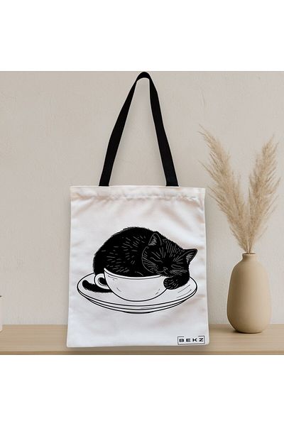 BEKZ Sacosa Textila Cu Fermoar, Geanta Tote, Model Caffeine Cat 22 38 X 34.5 Cm, Alb, ®