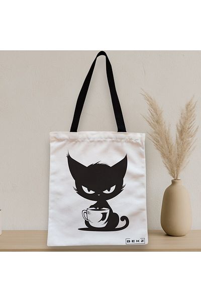 BEKZ Sacosa Textila Cu Fermoar, Geanta Tote, Model Caffeine Cat 26 38 X 34.5 Cm, Alb, ®