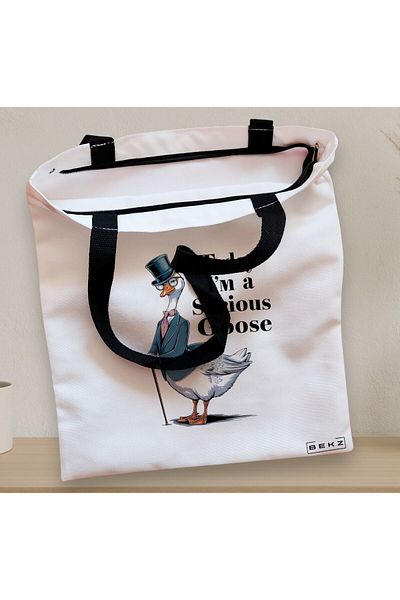 BEKZ Sacosa Textila Cu Fermoar, Geanta Tote, Model Today I’m A Serious Goose 38 X 34.5 Cm, Alb, ®