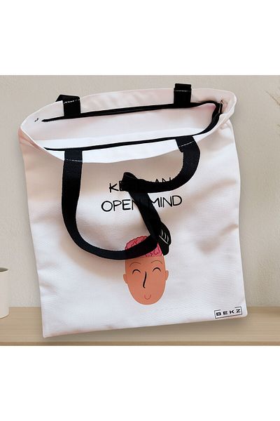 BEKZ Textile Bag With Zipper, Tote Bag, Keep An Open Mind Model, 38x34.5 Cm, ​​White, ®