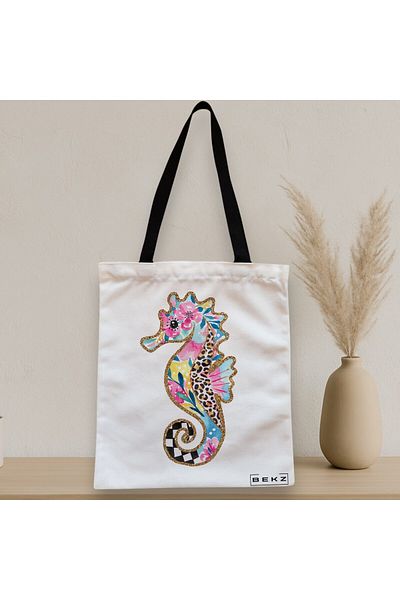 BEKZ Sacosa Textila Cu Fermoar, Geanta Tote, Model Floral Seahorse, 38 X 34.5 Cm, Alb, ®