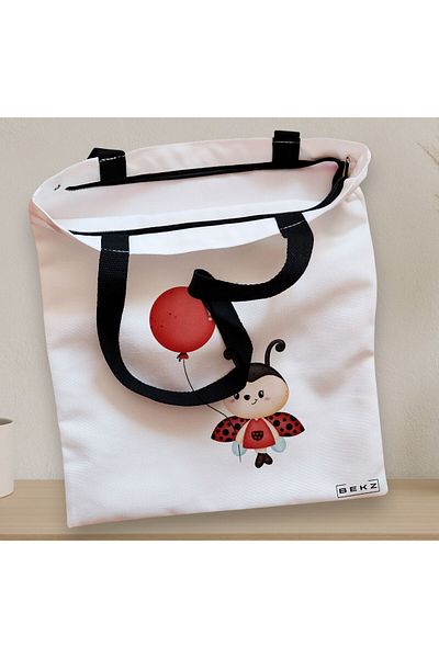 BEKZ Sacosa Textila Cu Fermoar, Geanta Tote, Model Ladybug, 38x34.5 Cm, Alba, ®