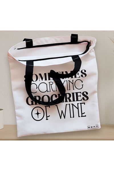 BEKZ Zippered Textile Bag, Tote Bag, Sometimes Carrying Groceries Of Wine Pattern, 38x34.5 Cm, ​​White