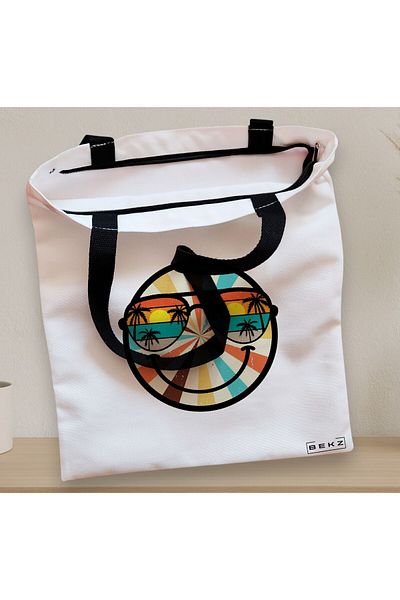 BEKZ Sacosa Textila Cu Fermoar, Geanta Tote, Model Tropical, 38x34.5 Cm, Alba, ®