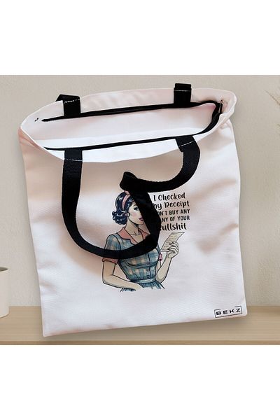 BEKZ Sacosa Textila Cu Fermoar, Geanta Tote, Model I Checked My Receipt 38 X 34.5 Cm, Alb, ®