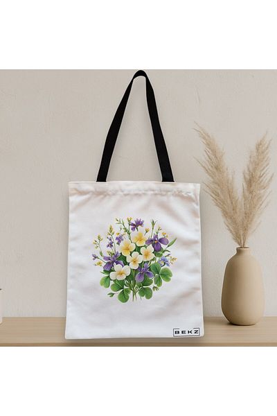 BEKZ Sacosa Textila Cu Fermoar, Geanta Tote, Model Flowers 19 38 X 34.5 Cm, Alb, ®