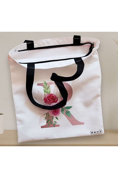 BEKZ Sacosa Textila Cu Fermoar, Geanta Tote, Cu Litera R Rose Gold Si Trandafiri, 38x34.5 Cm, Alba, ®