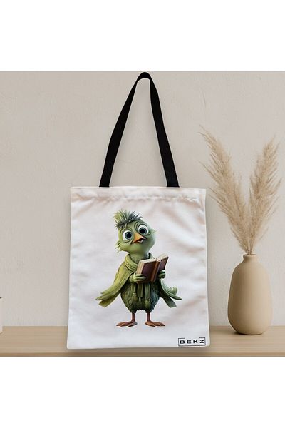 BEKZ Sacosa Textila Cu Fermoar, Geanta Tote, Model Reading Birdie 1 38 X 34.5 Cm, Alb, ®