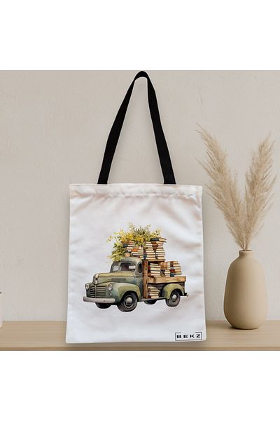 BEKZ Sacosa Textila Cu Fermoar, Geanta Tote, Model The Flower Truck With Books 38 X 34.5 Cm, Alb, ®