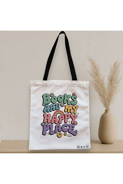 BEKZ Textile Bag With Zipper, Tote Bag, Books Are My Happy Place Model 38 X 34.5 Cm, ​​White, ®