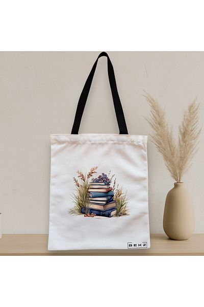 BEKZ Sacosa Textila Cu Fermoar, Geanta Tote, Model Books And Flowers 9 38 X 34.5 Cm, Alb, ®