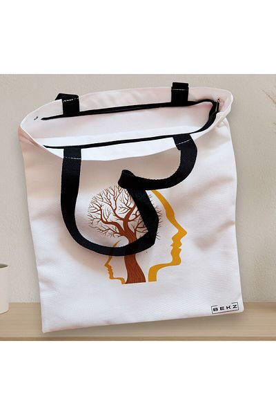 BEKZ Textile Bag With Zipper, Tote Bag, Tree And Faces Model, 38x34.5 Cm, ​​White, ®