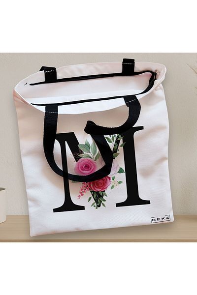 BEKZ Textile Bag With Zipper, Tote Bag, With Letter M And Roses, 38x34.5 Cm, ​​White, ®