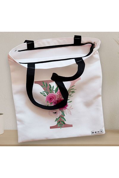 BEKZ Textile Bag With Zipper, Tote Bag, With Letter Y Rose Gold And Roses, 38x34.5 Cm, ​​White, ®