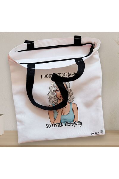 BEKZ Textile Bag With Zipper, Tote Bag, Model I Don’t Repeat Gossip So Listen Carefully 38 X 34.5 Cm