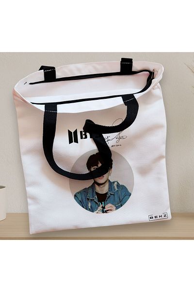 BEKZ Textile Bag With Zipper, Tote Bag, Bts Jimin Signature Pattern, 38x34.5 Cm, ​​White, ®