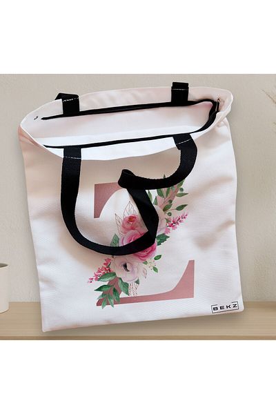 BEKZ Textile Bag With Zipper, Tote Bag, With Letter Z Rose Gold And Roses, 38x34.5 Cm, ​​White, ®