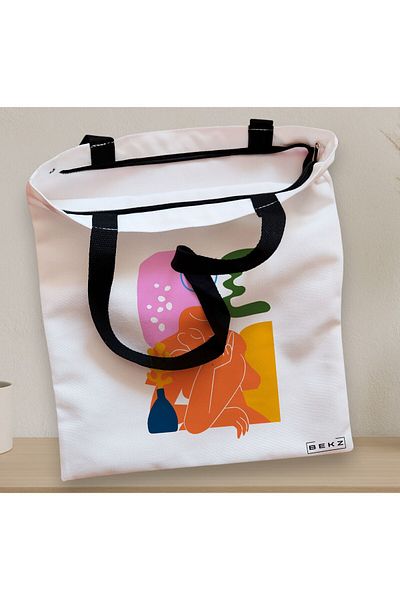 BEKZ Textile Bag With Zipper, Tote Bag, Abstract Contemplation Pattern, 38x34.5 Cm, ​​White, ®