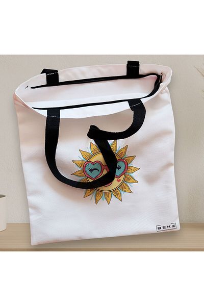 BEKZ Sacosa Textila Cu Fermoar, Geanta Tote, Model Sun Faces 7 38 X 34.5 Cm, Alb, ®