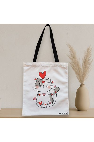 BEKZ Sacosa Textila Cu Fermoar, Geanta Tote, Model Kitty Love, 38x34.5 Cm, Alba, ®