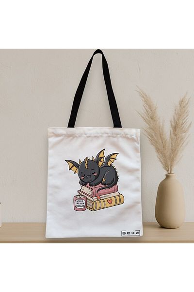 BEKZ Sacosa Textila Cu Fermoar, Geanta Tote, Model Smells Like Book Dragon 38 X 34.5 Cm, Alb, ®