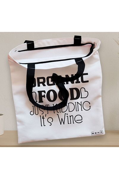 BEKZ Textile Bag With Zipper, Tote Bag, Food Pattern, Just Kidding, It's Wine, 38x34.5 Cm, ​​White
