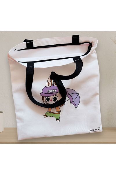 BEKZ Sacosa Textila Cu Fermoar, Geanta Tote, Model Labubu 22 38 X 34.5 Cm, Alb, ®