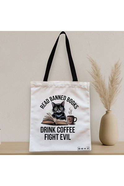 BEKZ Sacosa Textila Cu Fermoar, Geanta Tote, Model Read Banned Books, 38 X 34.5 Cm, Alb, ®