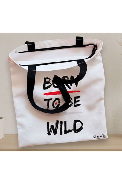 BEKZ Sacosa Textila Cu Fermoar, Geanta Tote, Model Born To Be Wild, 38x34.5 Cm, Alba, ®