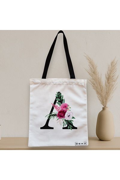 BEKZ Sacosa Textila Cu Fermoar, Geanta Tote, Cu Litera A Si Trandafiri, 38x34.5 Cm, Alba, ®