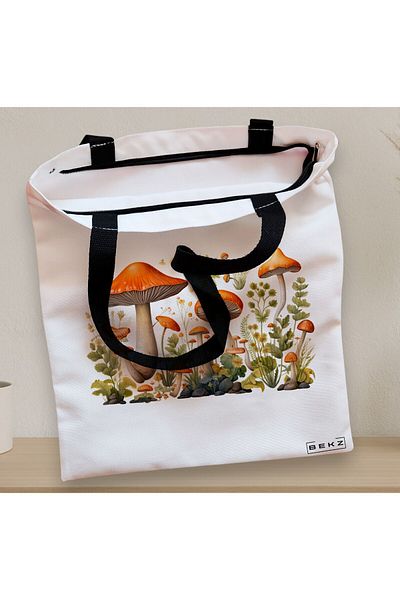 BEKZ Sacosa Textila Cu Fermoar, Geanta Tote Colorful Mushrooms 12, 38x34.5 Cm, Alba, ®